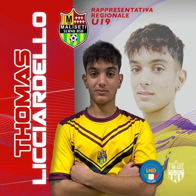 RAPPRESENTATIVA REGIONALE U19
JUNIORES: NON C’È DUE SENZA… LICCIARDELLO

La Commissione Tecnica FIGC CRT ha reso noto i nominativi dei calciatori convocati per martedì 19 novembre 2024 ore 13:45 (inizio attività ore 15:00) presso lo Stadio “G.Bozzi” E.A. - Firenze Fl, per disputare gara amichevole con Aquila Montevarchi 1902.

Per il Maliseti Seano ancora convocato il centrocampista Thomas Licciardello.

In bocca al lupo Thomas!

🔴🟡💪🏻

#malisetiseanosiamonoi
#MLST