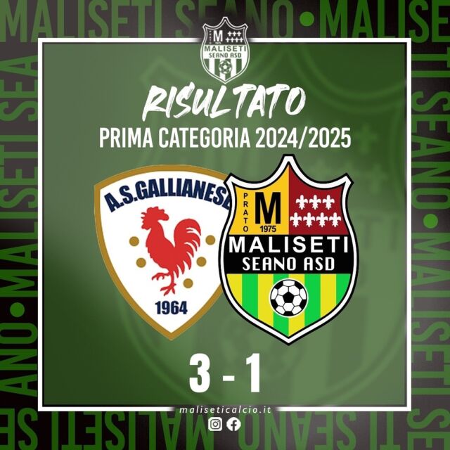 ⚽️ RISULTATO FINALE - Campionato Prima Categoria Toscana 2024/2025 - girone D - giornata 11

Gallianese 3 🆚 Maliseti Seano A.S.D. 1

🔴🟡💪🏻

#malisetiseanosiamonoi
#MLST