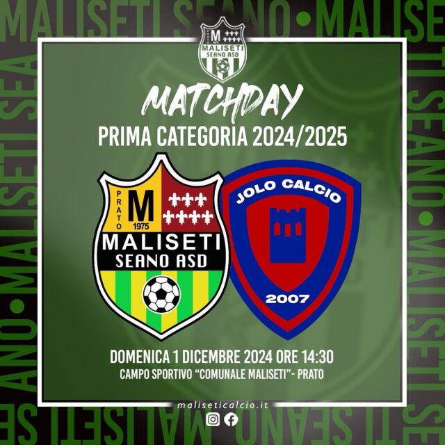 💪🏻 MATCHDAY - Campionato Prima Categoria Toscana 2024/2025 - girone D - giornata 12

📆 domenica 1 dicembre 2024
⏰ 14:30
🏟️ Campo Sportivo “Comunale Maliseti” - Prato PO

Maliseti Seano A.S.D. 🆚 Jolo Calcio

👤 AR Eleonora Labate sez. Firenze

🔴🟡💪🏻

#malisetiseanosiamonoi
#MLST